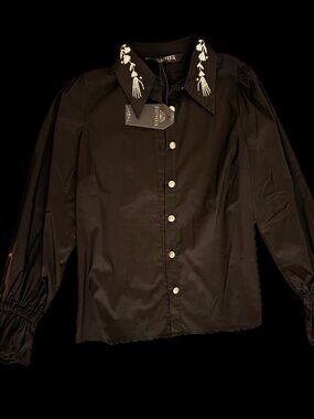 NWT Disturbia Black Skeleton Embroidered Button Up Blouse